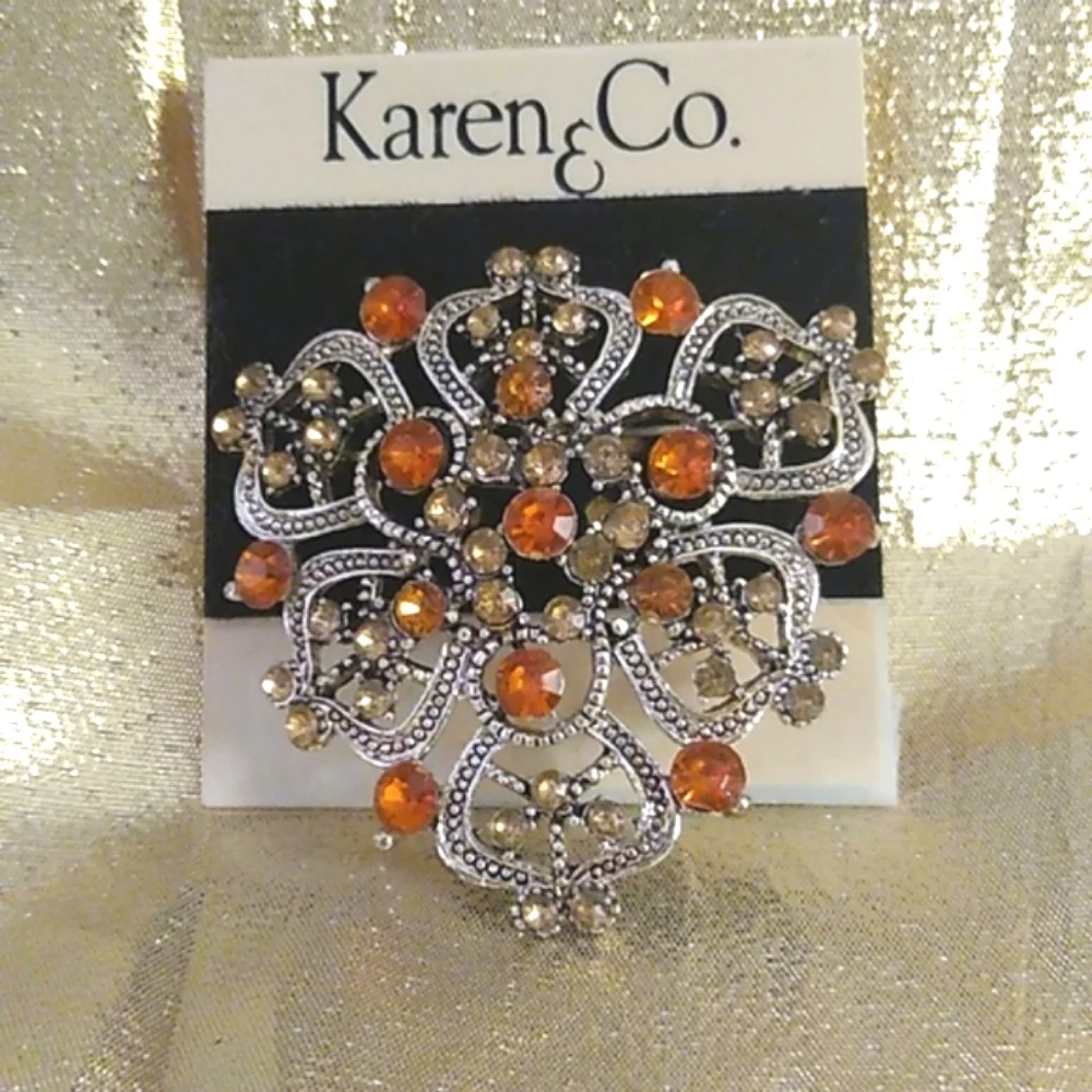 Fabulous Orange & Jonquil Rhinestone Crystal Brooch